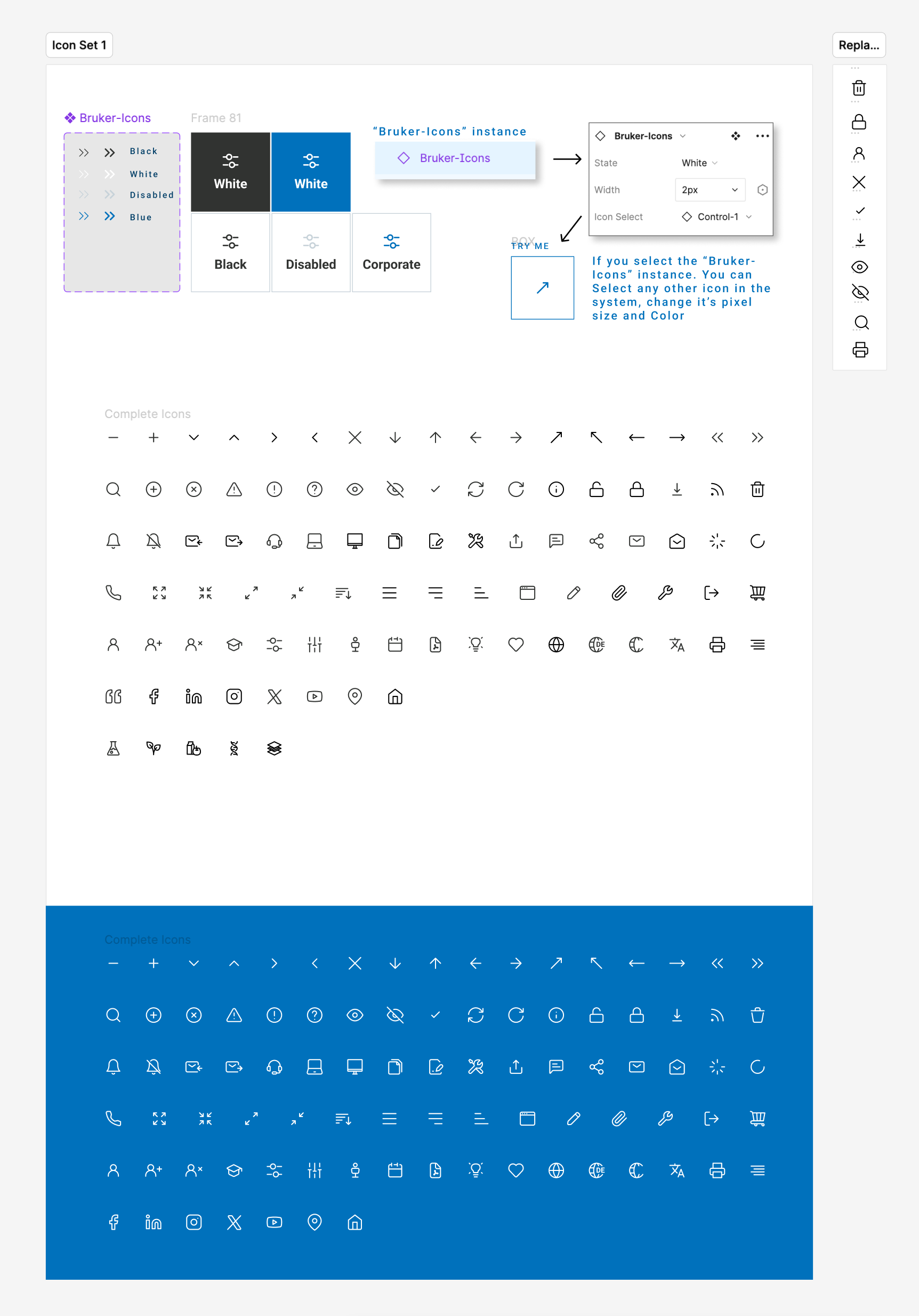 Bruker icon library with consistent line icons, color states and configurable Figma instances