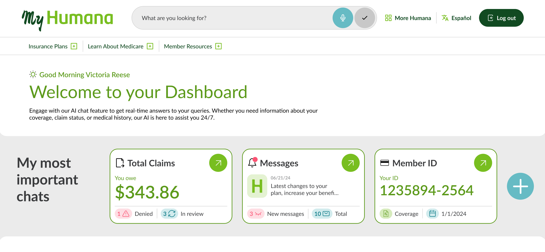 Humana concept dashboard presenting claims, messages and member ID as core conversations