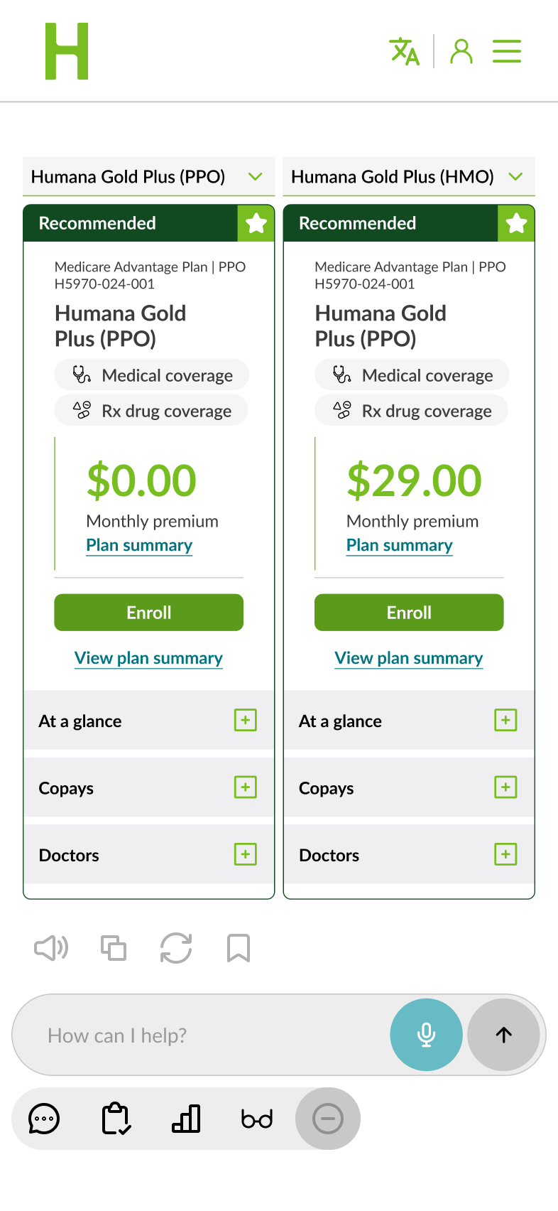 Humana mobile concept comparing two plans, presented in an iPhone-style device mockup