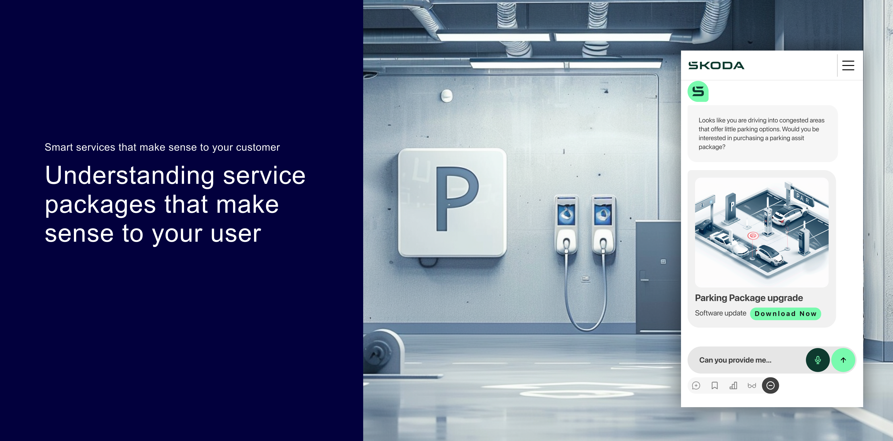 Škoda mobile companion suggesting a parking assistance service package beside a charging and parking environment