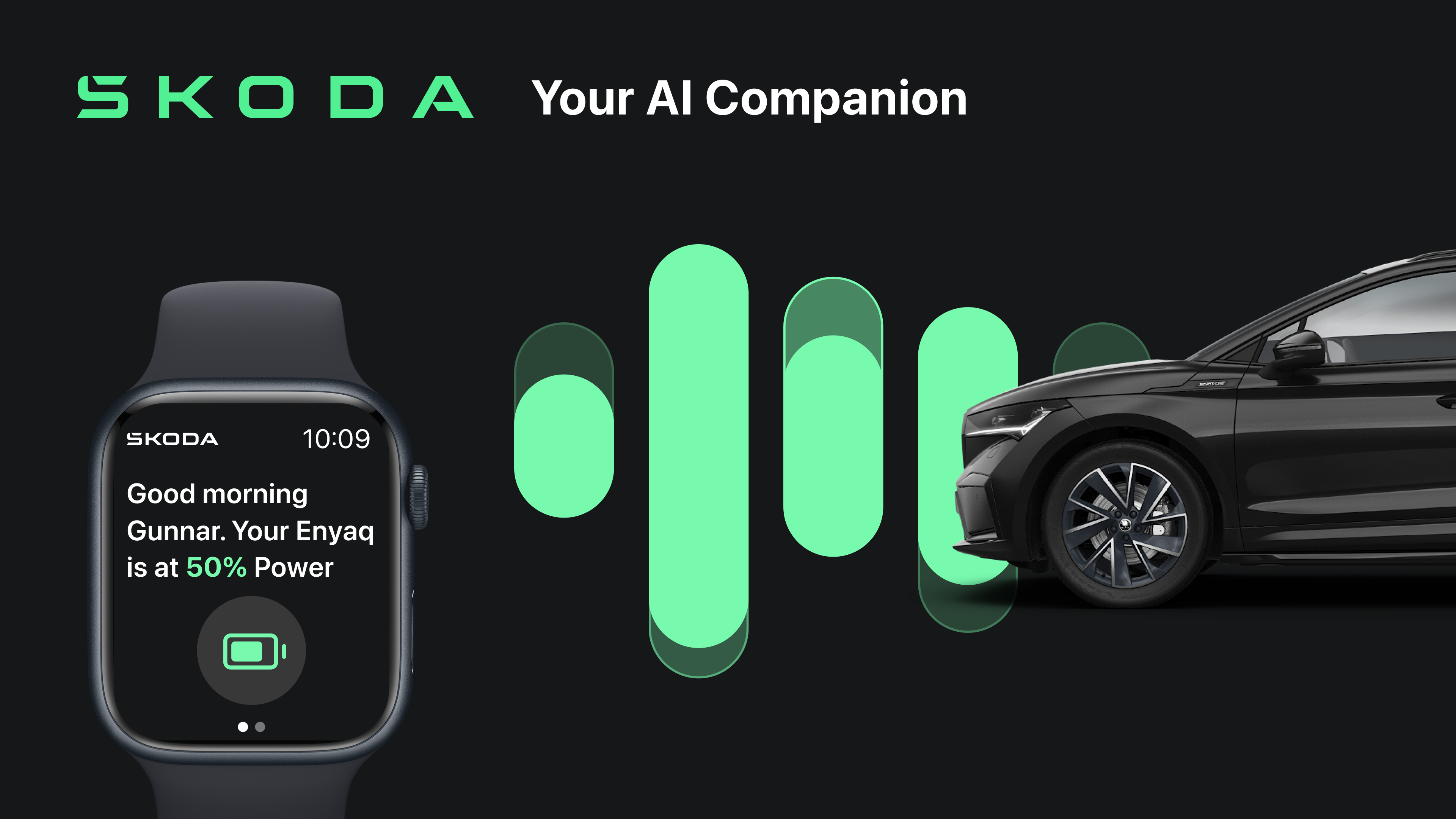 Škoda AI companion concept connecting a smartwatch, a green voice interface and an Enyaq vehicle